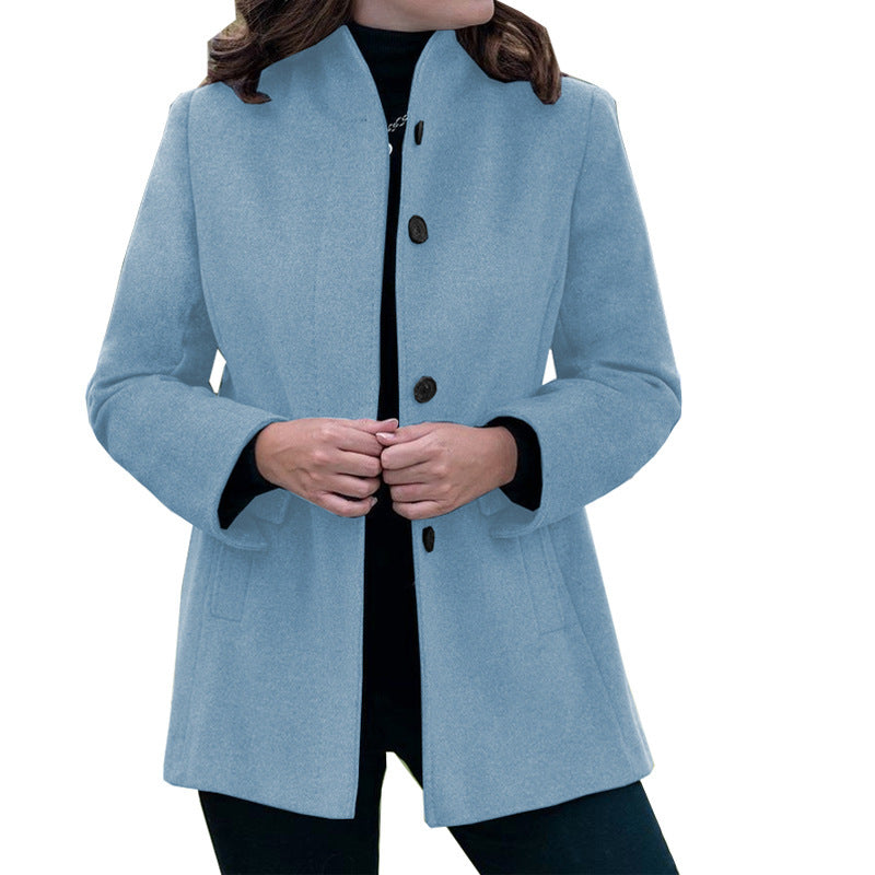 Women's stylish wool coat with modern high collar and practical pockets Lune London