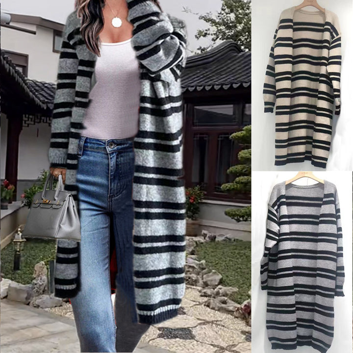 Ladies longer cardigan knitted with modern stripe details Lune London