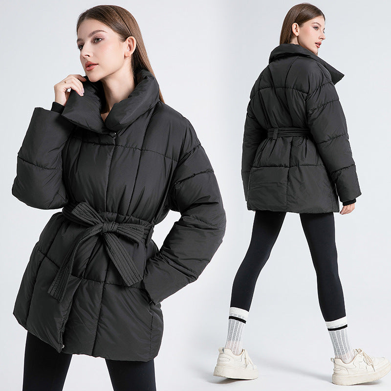 Ladies Quilted Jacket with Belt and Elegant Chic Collar Shape