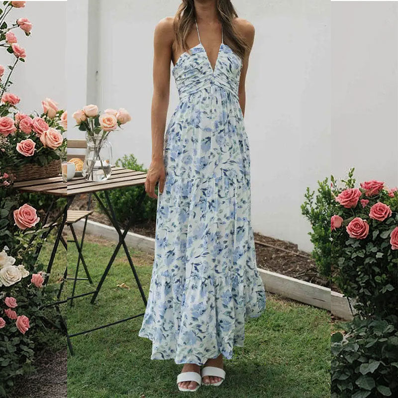 Robe maxi femme avec décolleté en V profond et gathering romantique Chic & Stil