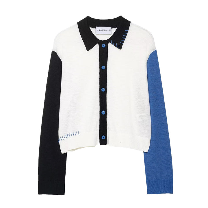 Women trendy short sleeve cardigan with contrasting seams and button closure Lune London