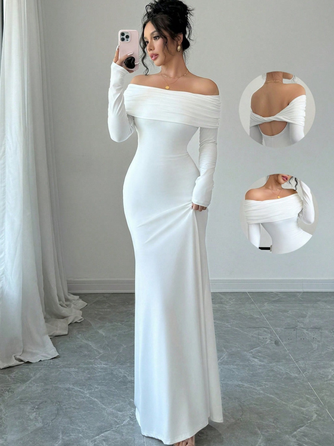 Elegant and fitted maxi dress with off-the-shoulder for women with long sleeves Lune London