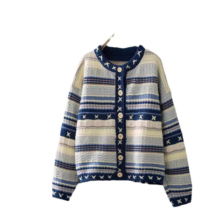 Ladies knitted patterned vest with decorative buttons and deep pockets Lune London