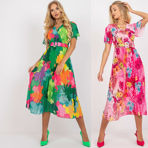 Maxi flower pleated dress for women with adjustable belt Lune London