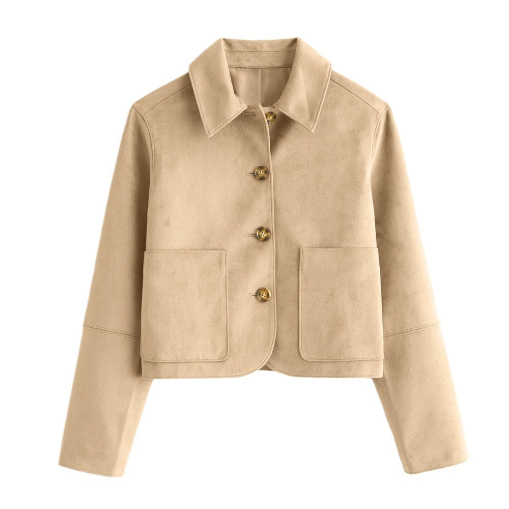 Short women’s jacket in high-quality faux suede with classic buttons and practical pockets Lune London