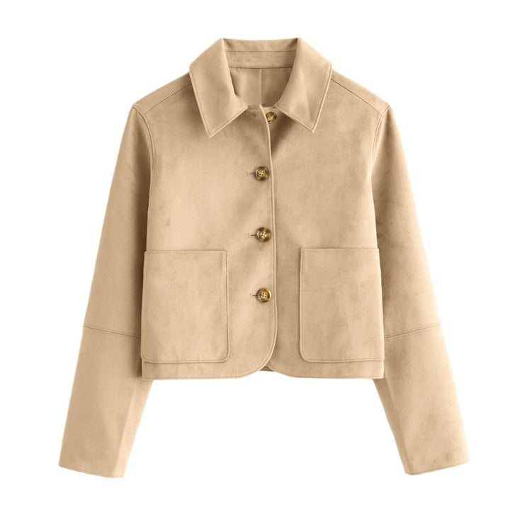 Short women’s jacket in high-quality faux suede with classic buttons and practical pockets Lune London