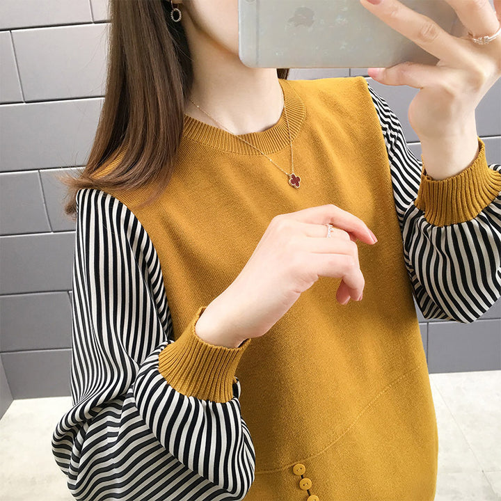 Layered sweatshirt for women with striped sleeves and button details Lune London