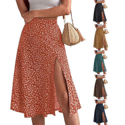 Midi skirt for women with asymmetrical slit and floral pattern Lune London
