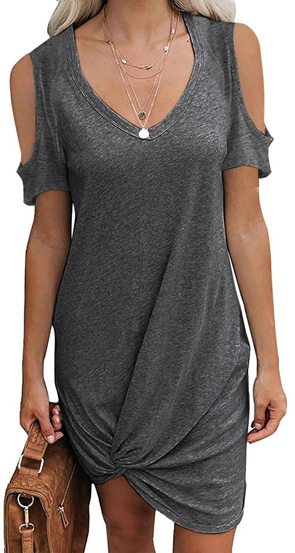 Mini V-neck dress for ladies with open shoulder design and refined tying details Lune London