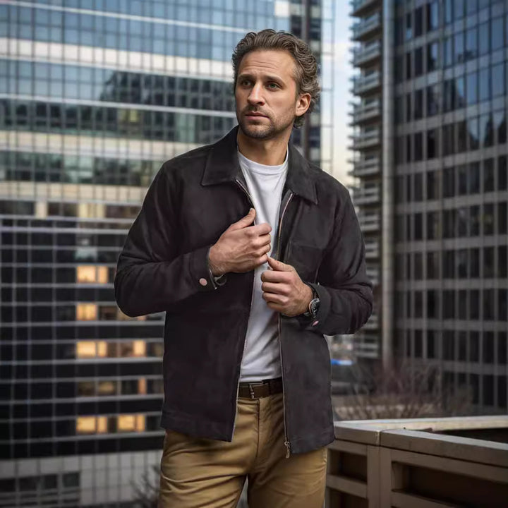 Men's suede jacket with high collar and practical chest pocket Lune London