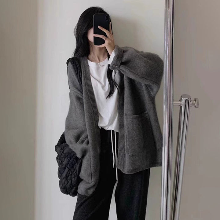 Cardigan en Tricot Douillet pour Femmes avec Décolleté en V Profond et Poches Plaquées