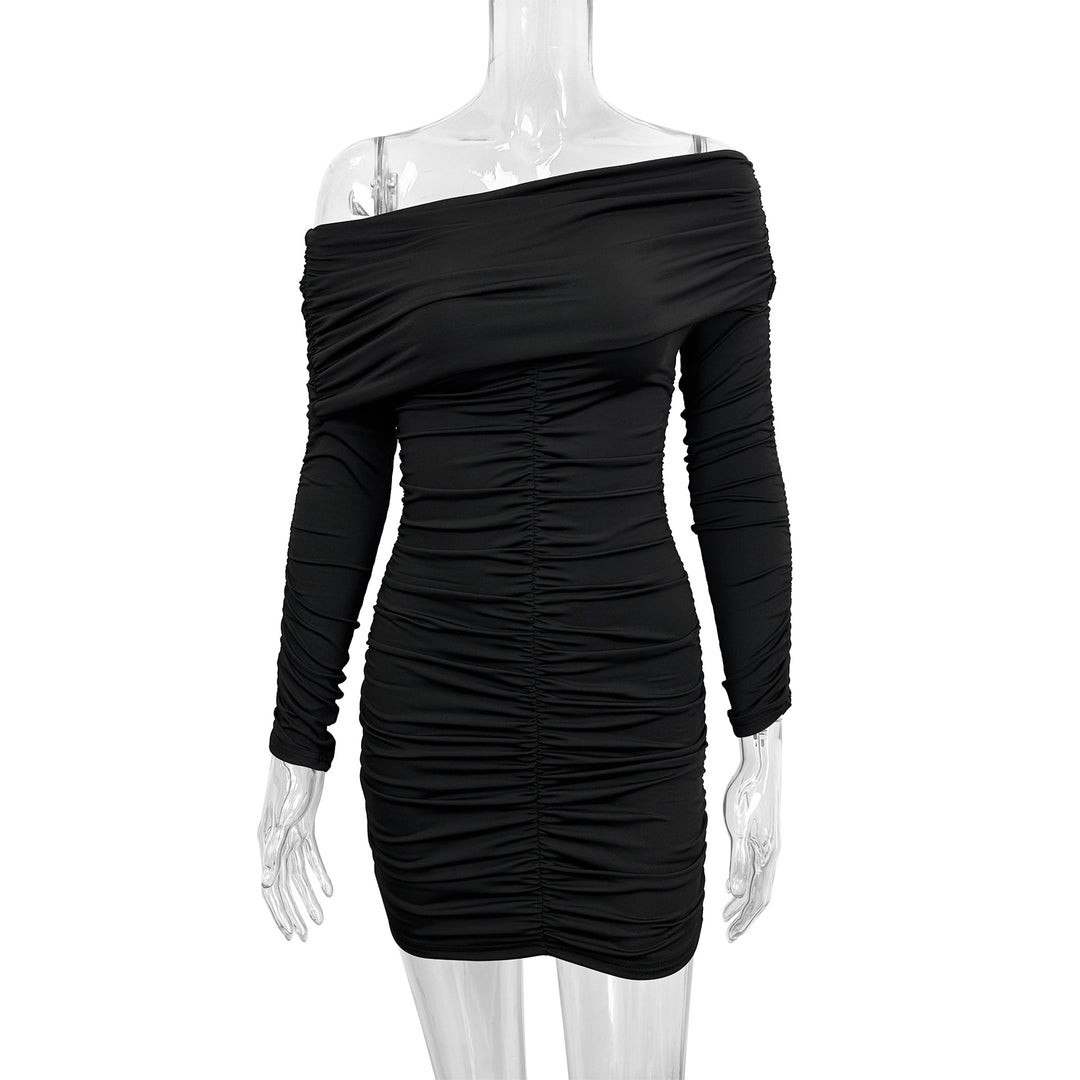 Women's Figure-Hugging Off-Shoulder Dress with Ruching and Long Sleeves Lune London