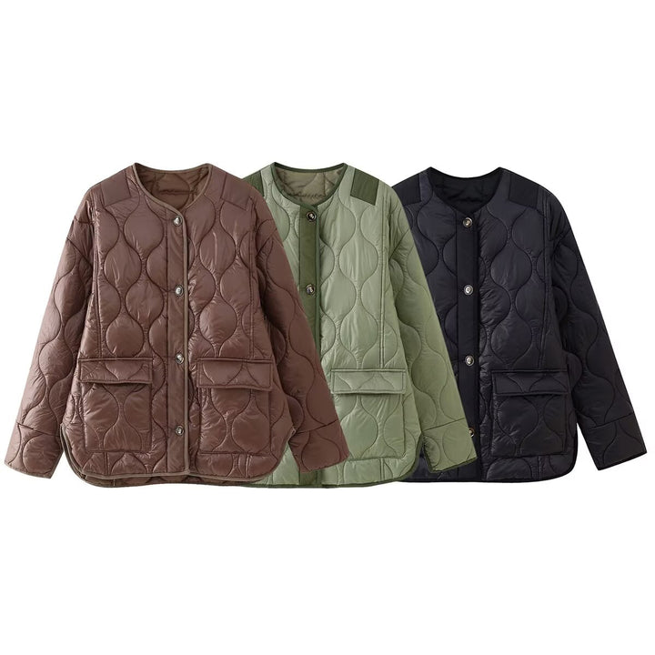 Ladies Quilted Jacket with Button Closure and Practical Pockets Lune London