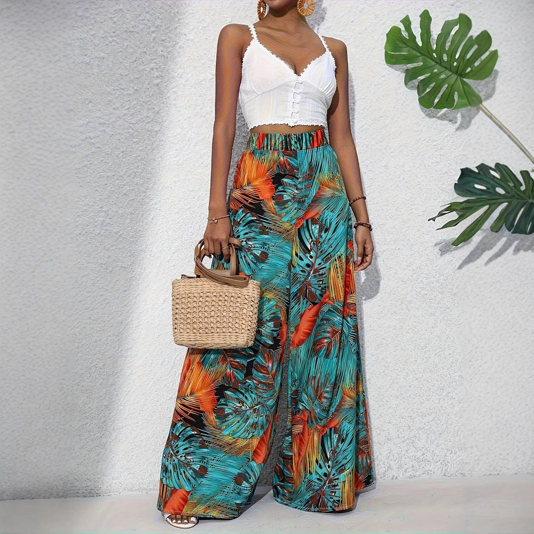 Palazzo Pants for Women with a Lively Palm Pattern and an Elastic High Waist Lune London