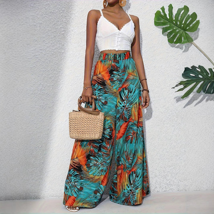 Palazzo Pants for Women with a Lively Palm Pattern and an Elastic High Waist Lune London