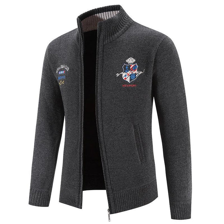Trendy knitted jacket for men with high collar and detailed embroidery Lune London