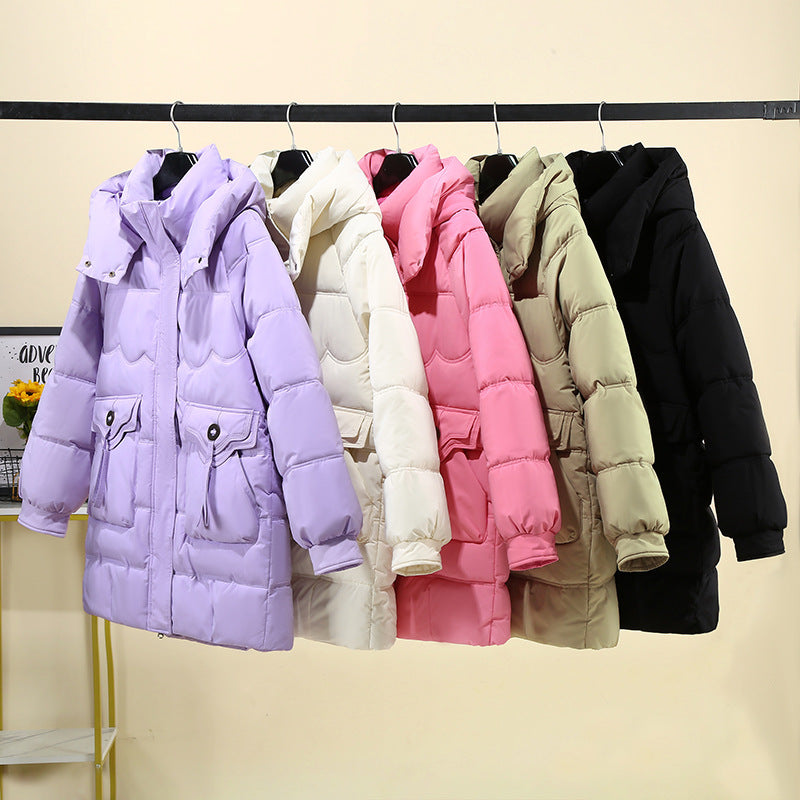 Ladies Long Puffer Jacket with practical hood collar and large pockets Lune London