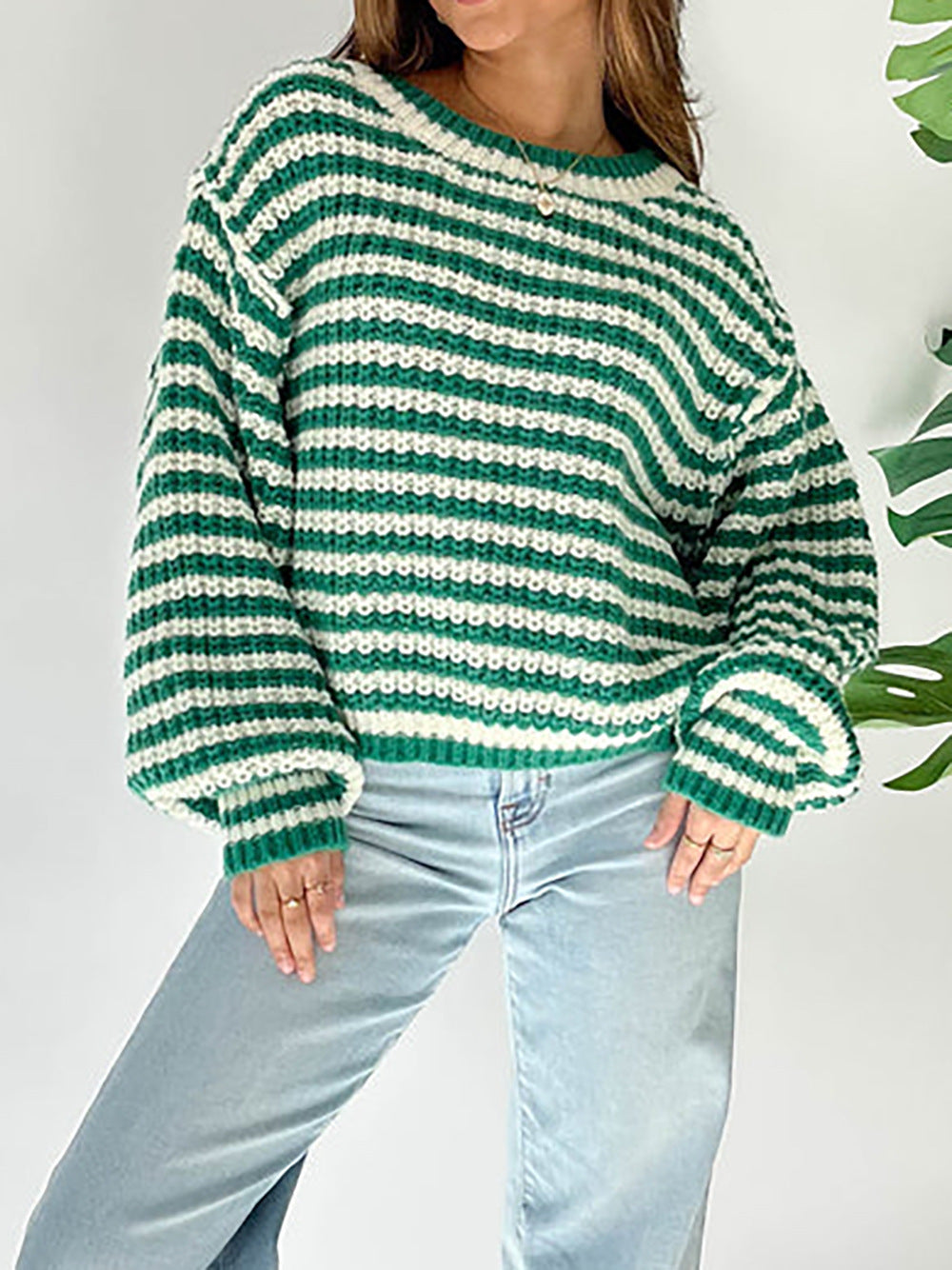 Women Short Knit Sweater with Flared Sleeves and a Chic and Stylish Striped Pattern