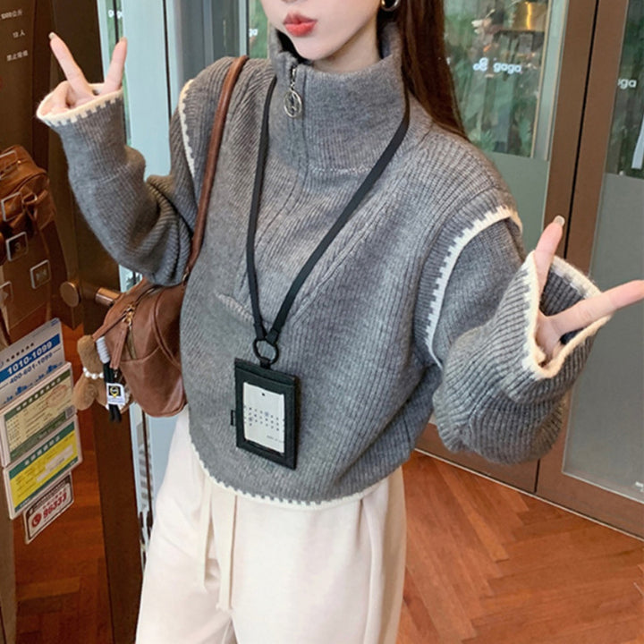 Trendy women's sweater with high collar and special sleeve finishes Lune London
