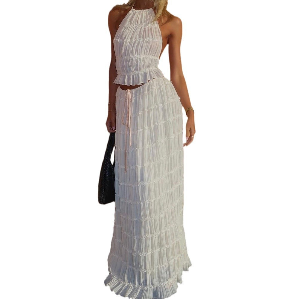 Maxi skirt and crop-top set for women with a playful ruffled design Lune London