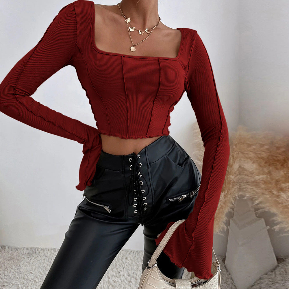 Chic & Stil Women's Short Top Couture with Square Neckline and Long Sleeves
