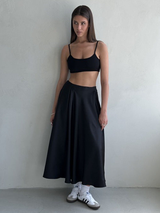 Elegant satin maxi dress for women with flared skirt Lune London