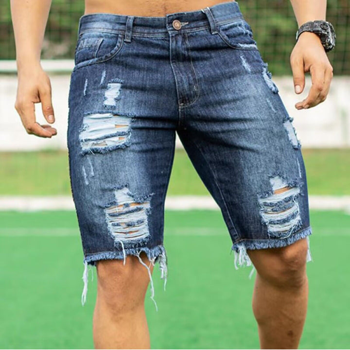 Men's Destroyed Denim Shorts with Irregular Hem and Fashionable Ripped Details Lune London