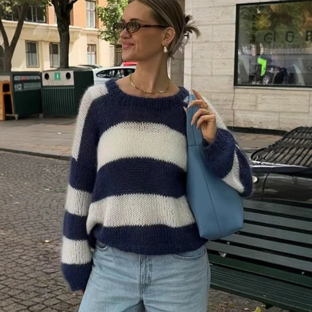 Pull en tricot rayé pour femme avec col rond Chic & Stil