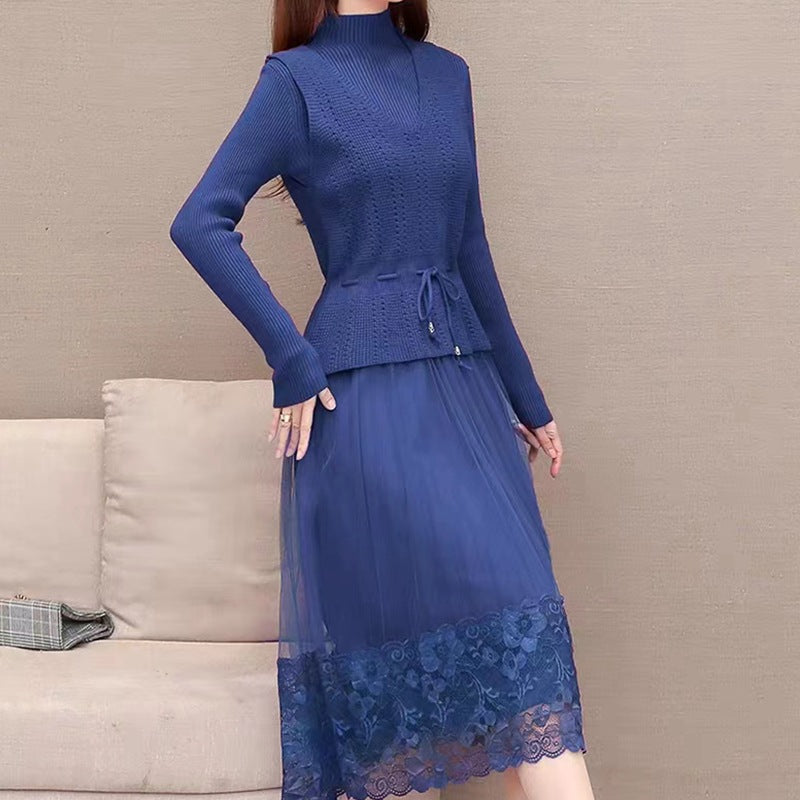 Elegant knit and tulle dress for women with floral lace finish Lune London