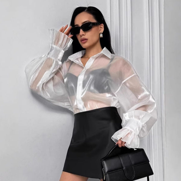 Women's Transparent Blouse with Voluminous Sleeves and Elegant Ruffle Details Chic Und Stil