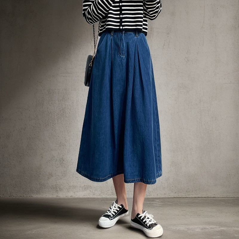 Woman Long Jean Skirt with Pleats and Side Pockets Lune London