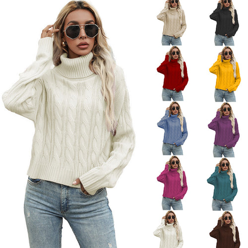 Ladies chunky knit turtleneck sweater with twisted pattern and relaxed fit Lune London