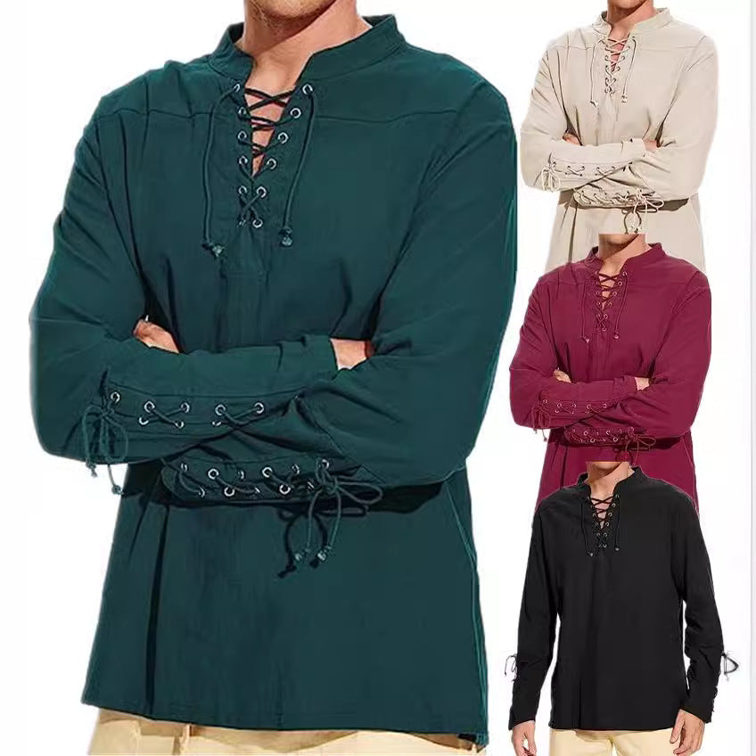 Men's long sleeve linen shirt with a modern lace-up design Lune London