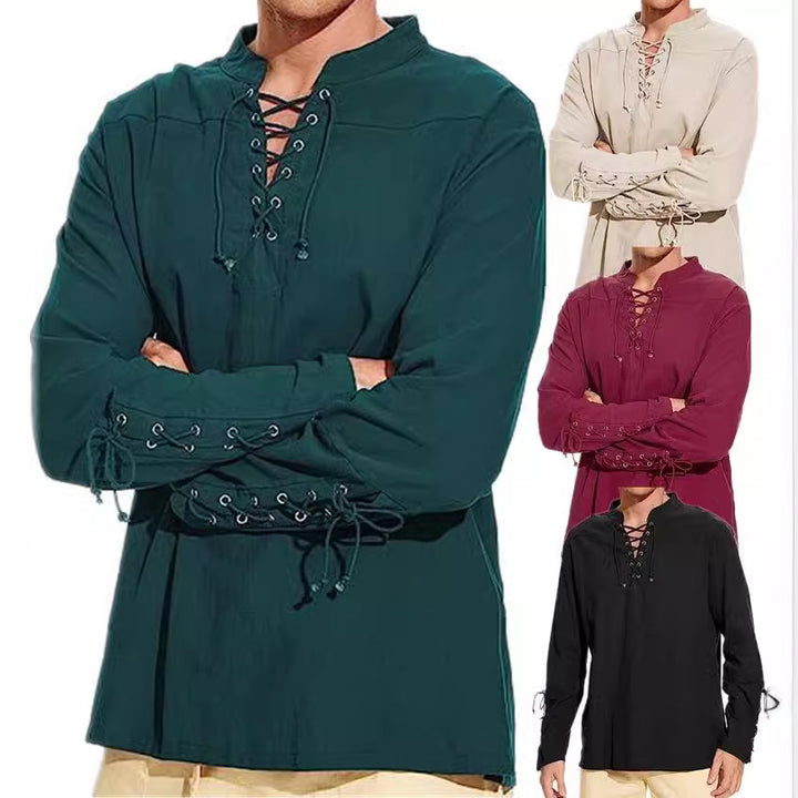 Men's long sleeve linen shirt with a modern lace-up design Lune London