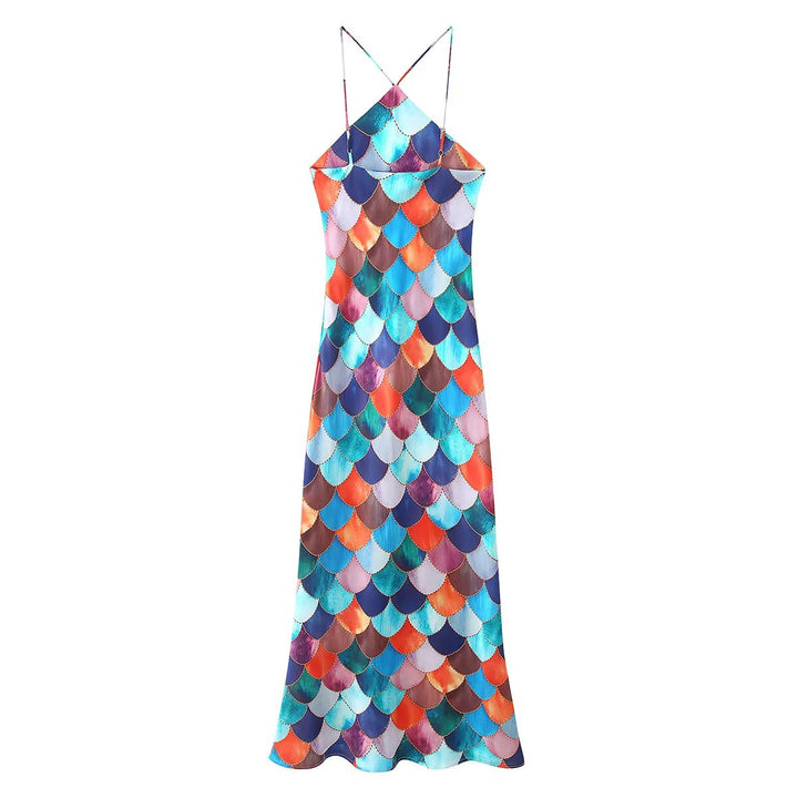 Maxi dress for women in fluid chiffon with marine scale pattern Lune London