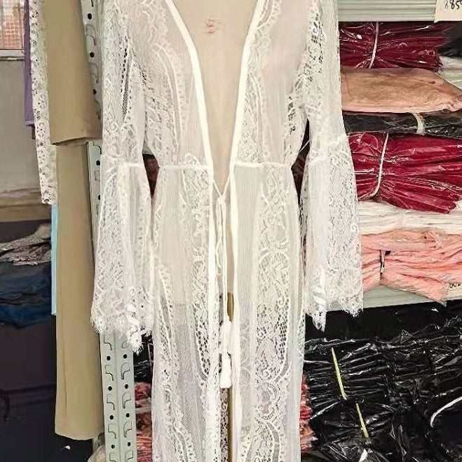 Women’s Long Lace Kimono with Wide Sleeves and Ties Lune London