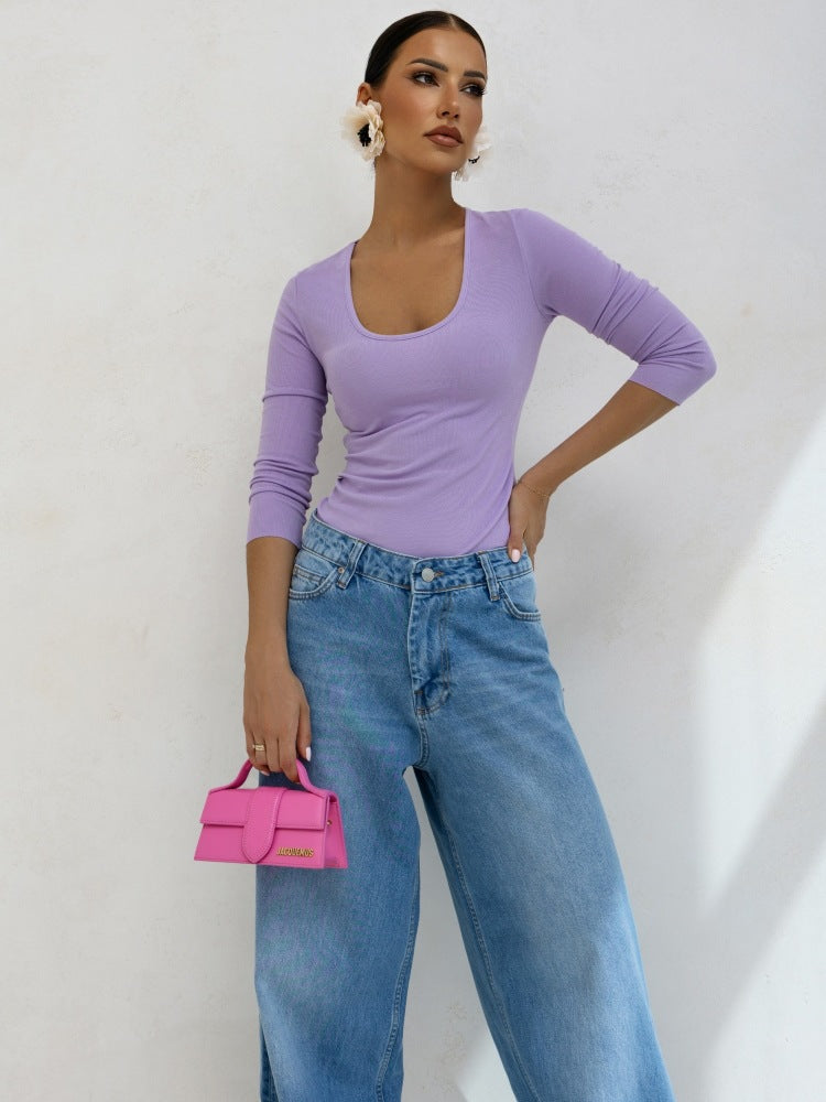 Fitted long sleeve T-shirt for women with plunging neckline Lune London