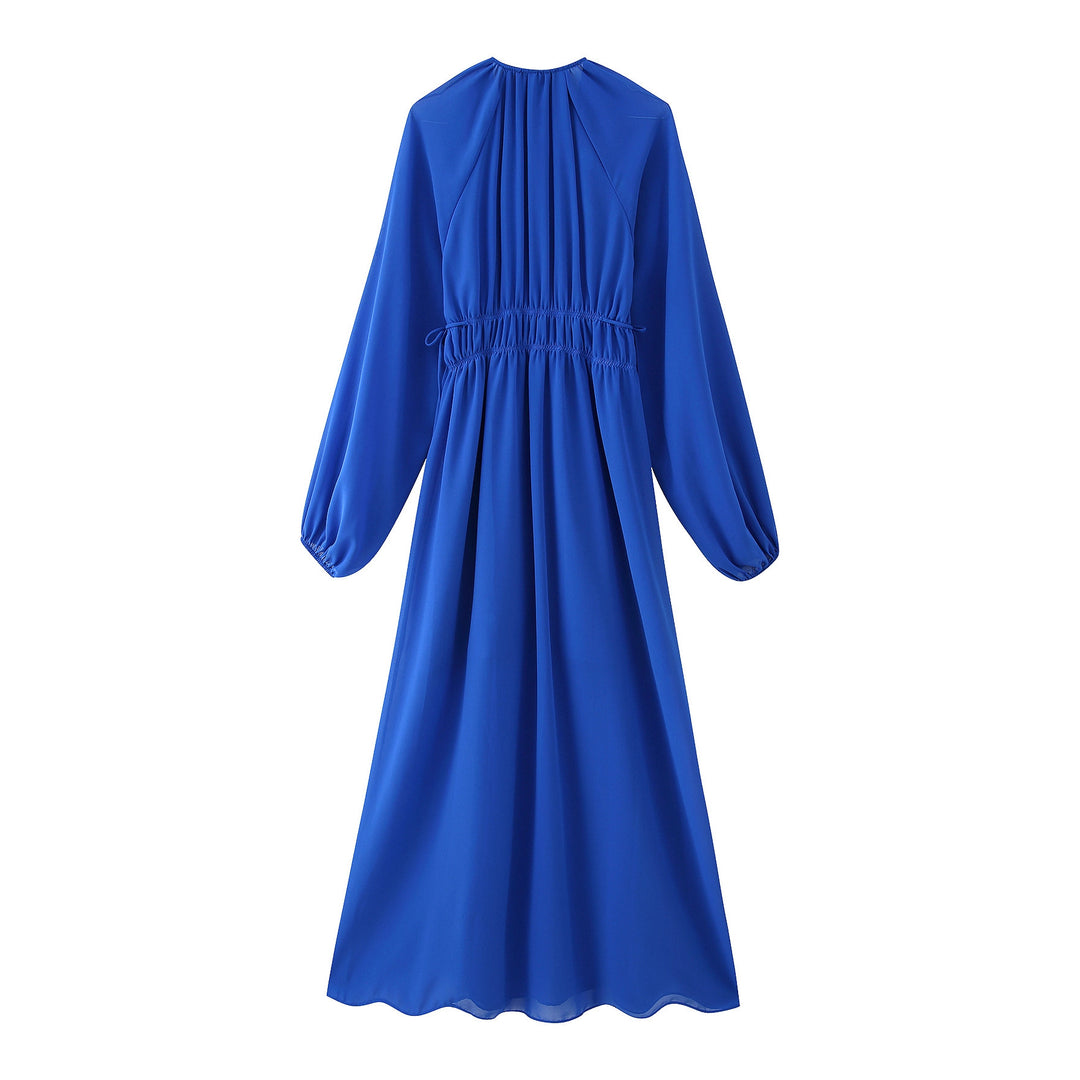 Maxi dress for women with an elegant draped effect and feminine ruffles Lune London