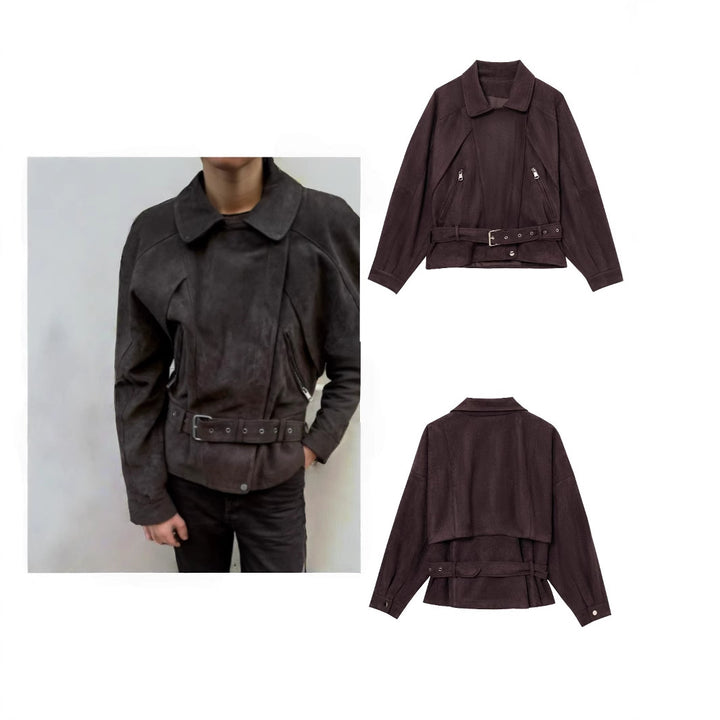 Ladies Elegant Suede Jacket with Trendy Buckles and Chic Practical Pockets