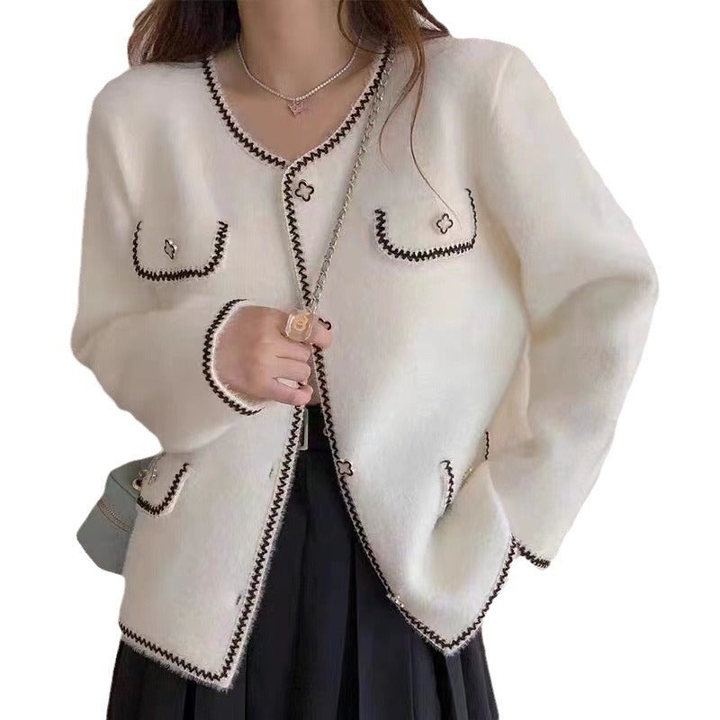 Ladies elegant knitted jacket with contrasting seams and pockets Lune London