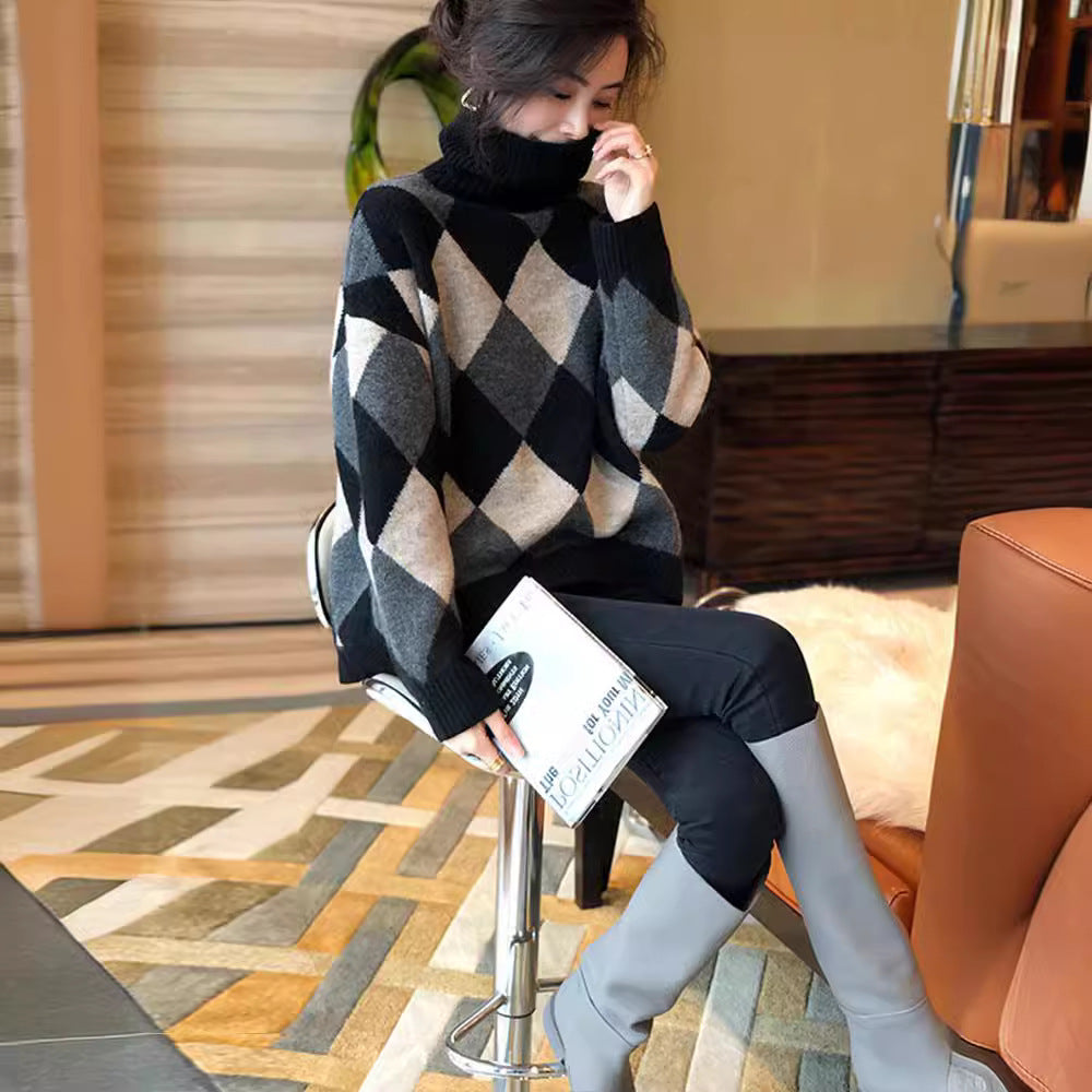 Pull en tricot épais pour femmes avec motif en diamant moderne et col haut Chic & Stil