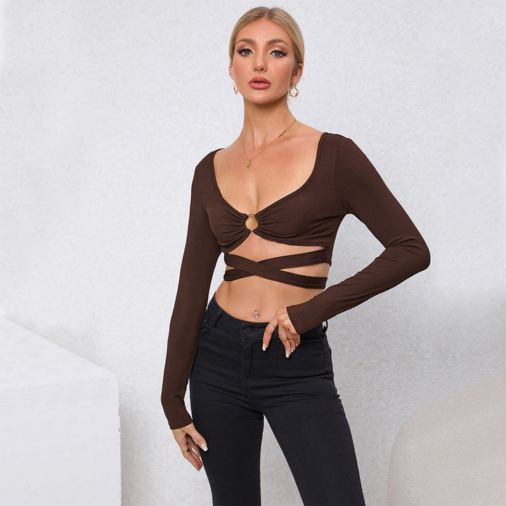 Women's cropped long sleeve shirt with decorative ring and wrap design Chic & Stil