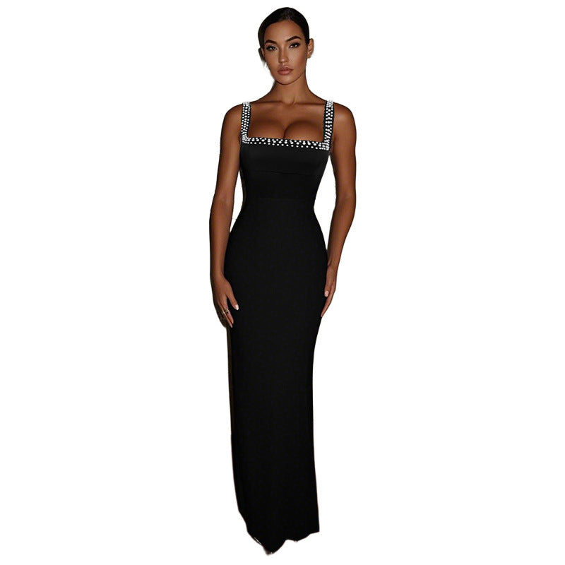 Elegant sleeveless maxi dress for women with rhinestone strap details Lune London