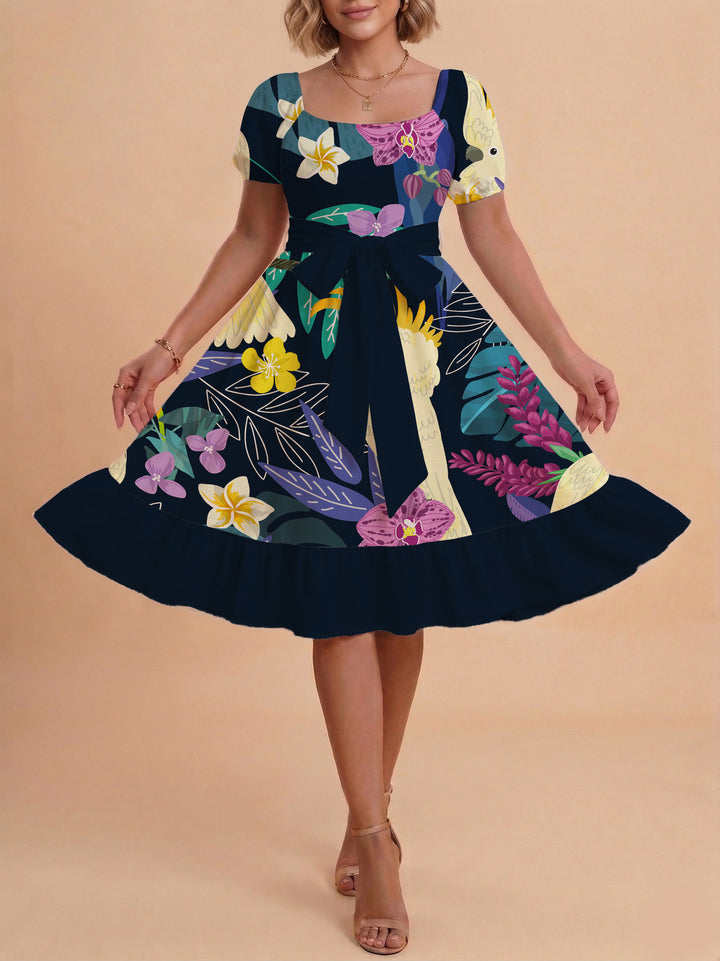 Women A-line dress with floral motifs and adjustable belt Lune London