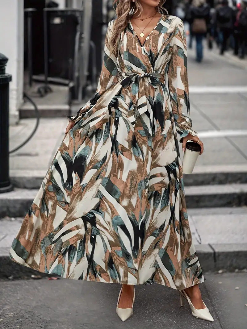 Ladies Elegant Maxi Dress with Floral Print and Chic Belt and Style