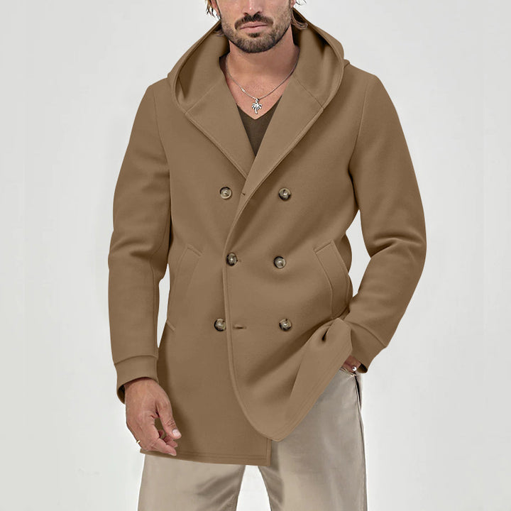 Elegant double-breasted coat for men with large hood Lune London