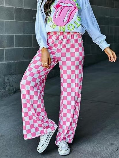 Women's Checkered Palazzo Pants with Elastic Waistband and Practical Side Pockets Chic und Stil