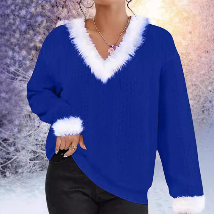 Sweater en tricot pour femmes avec décolleté en V et bord en fausse fourrure contrastant Chic & Stil