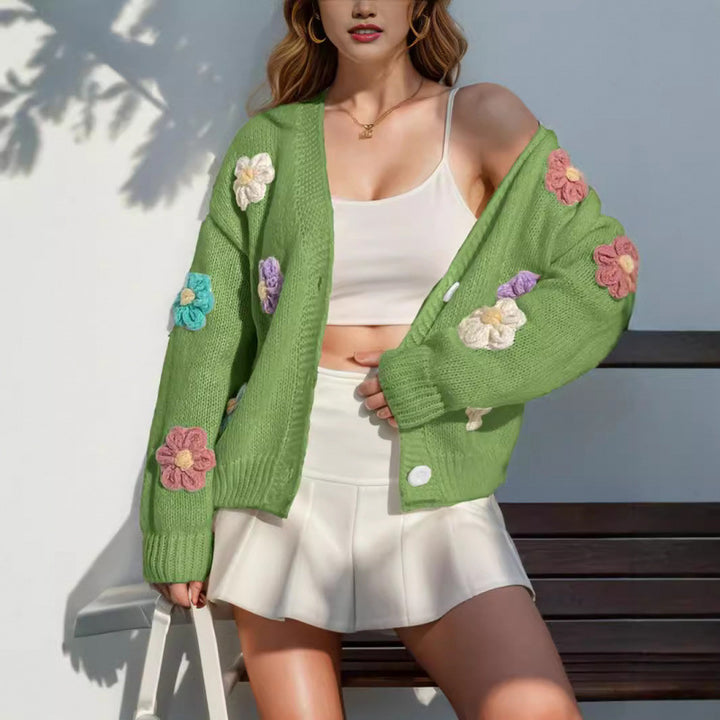 Knitted jacket for women with floral appliques Lune London