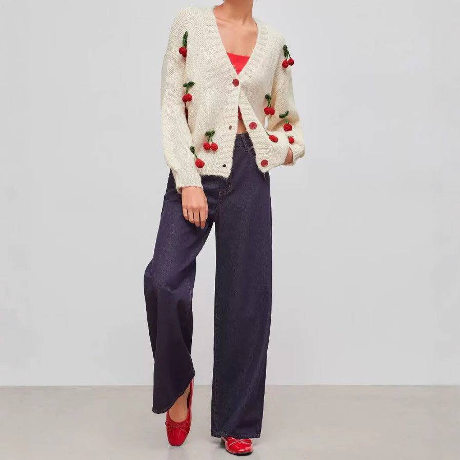 Lune London | Women's playful knitted cardigan with cherry appliqués